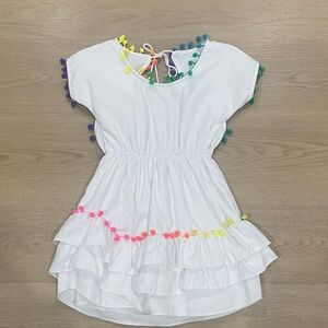 White Dress with Multicolor Pom-Poms